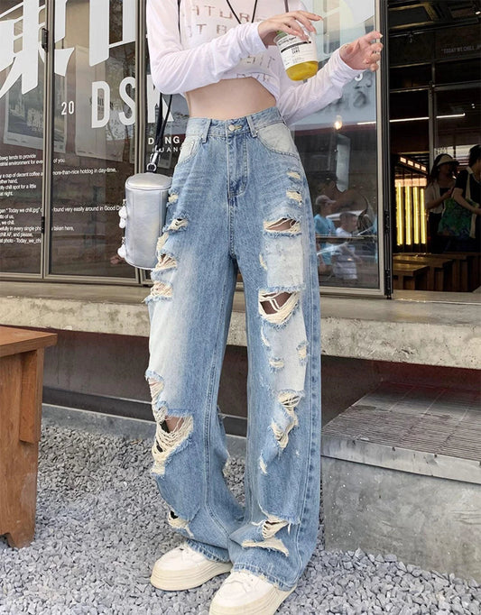 Plus size American Hole high waist straight-leg denim women’s pants by MANDOTOS, showcasing stylish distressed design and comfortable fit.