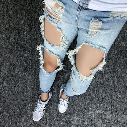 Mandotos women's summer oversized ripped cropped jeans with trendy K-style and distressed scrape details.
