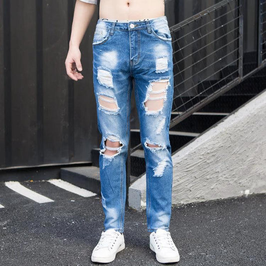 Mandotos women's summer big ripped oversized cropped jeans with trendy K-style distressed design and scrapes.