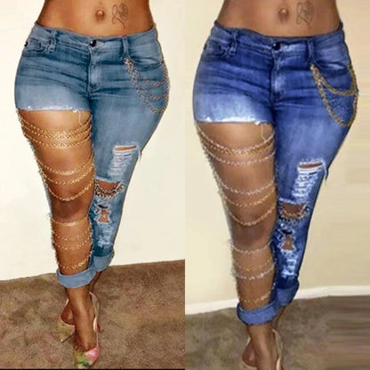 Mandotos women's denim pencil pants with big holes, chain detail, slim fit, pockets, stretch fabric, solid color, streetwear style.