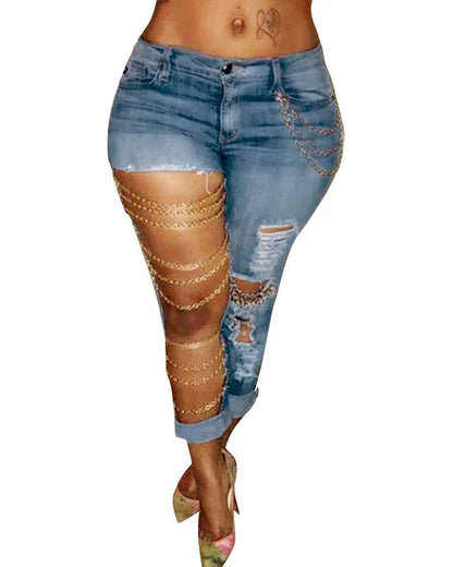 Mandotos women's denim pencil jeans with big holes, chain detail, slim fit, solid color, streetwear style, spring 2024.