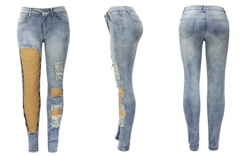 Mandotos women's denim pencil jeans with big holes, chain detail, slim fit, solid color, streetwear style for spring 2024.