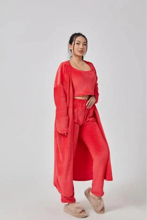 Women's 3-piece cozy lounge set by MANDOTOS, featuring a pajama top, pants, and a matching cardigan for comfortable relaxation.