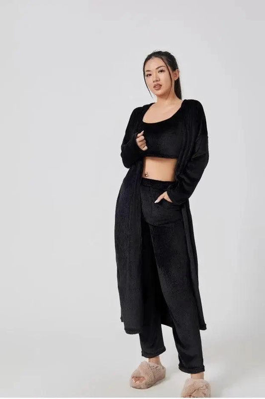 Women's 3-piece cozy lounge set by MANDOTOS, includes pajama top, bottoms, and cardigan, soft and comfortable for relaxing moments.