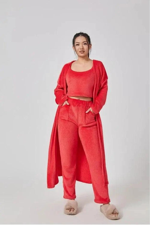 Women's 3-piece cozy lounge set from MANDOTOS, includes pajama top, bottoms, and cardigan in soft, comfortable fabric.