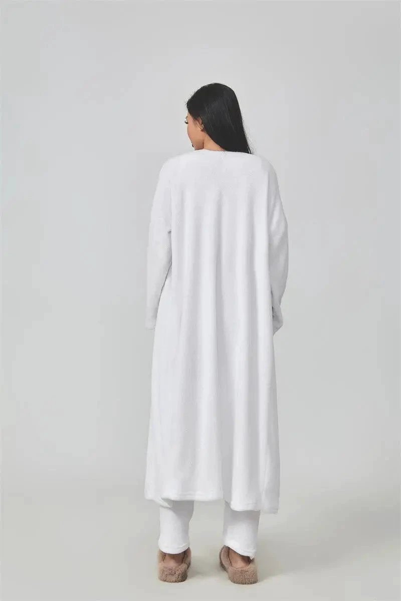 Women's 3-piece cozy lounge set from MANDOTOS featuring a pajama top, bottoms, and matching cardigan in soft, comfortable fabric.