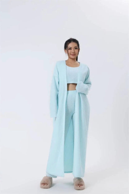 Women's 3-piece cozy lounge set by MANDOTOS, featuring a pajama top, bottoms, and a matching cardigan for comfortable relaxed wear.