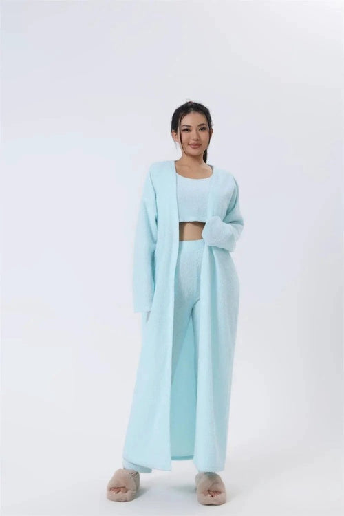 Women's 3-piece cozy lounge set by MANDOTOS, featuring a pajama top, bottoms, and a matching cardigan for comfortable relaxed wear.
