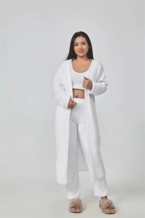 Women's cozy 3-piece lounge set with pajama top, matching pants, and cardigan by MANDOTOS, perfect for relaxing at home.