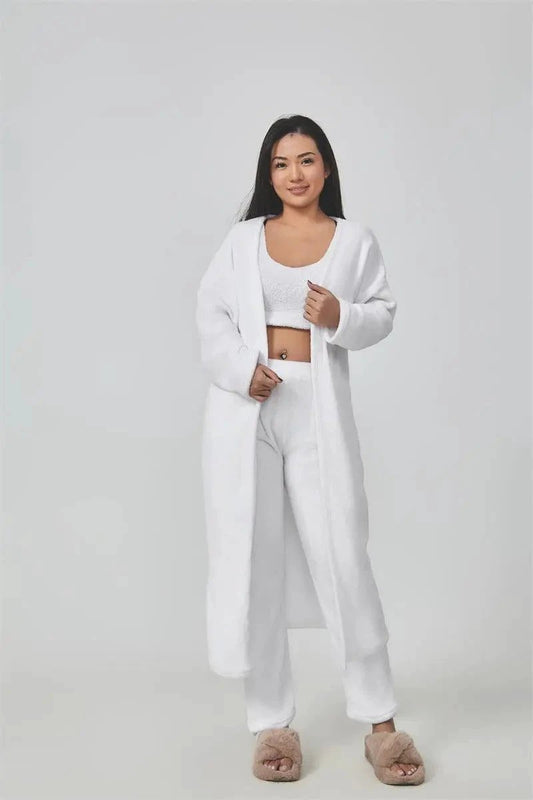 Women's cozy 3-piece lounge set with pajama top, matching pants, and cardigan by MANDOTOS, perfect for relaxing at home.