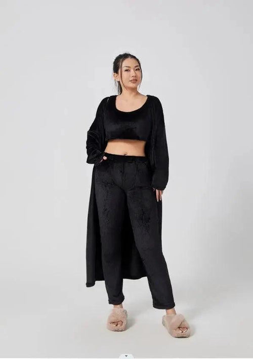 Women's 3-piece cozy lounge set from MANDOTOS, featuring a comfortable pajama top, bottoms, and a matching cardigan.