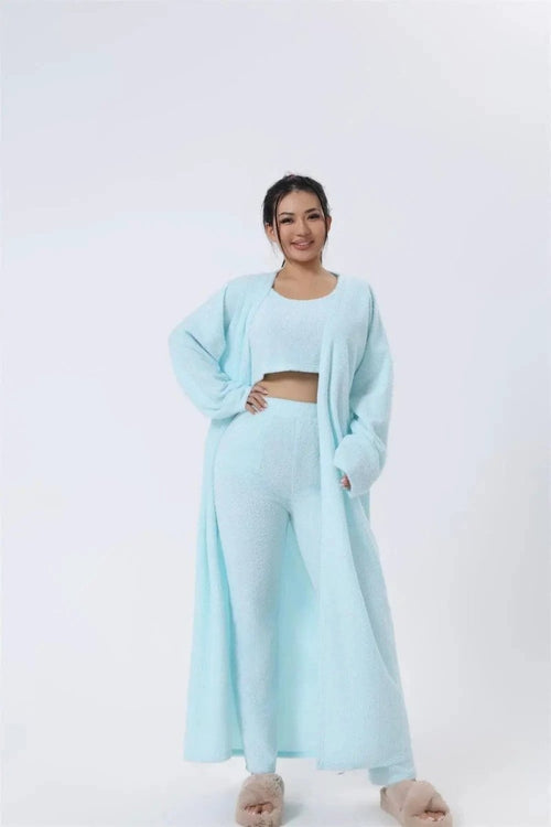 Women's 3-piece cozy lounge set with pajama top, bottoms, and cardigan by MANDOTOS, soft and comfortable sleepwear ensemble.