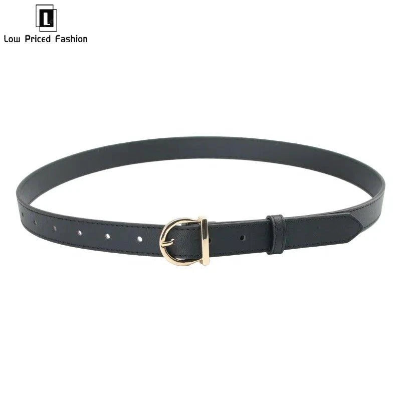 Women's fashion pin buckle thin belt by MANDOTOS in soft leather, styled with cargo pants and jeans for a sleek, windproof look.
