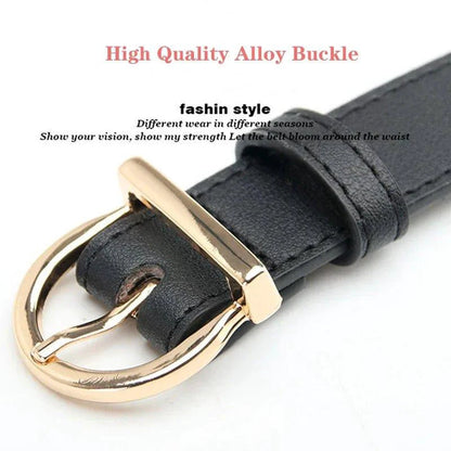 Mandotos women's thin fashion pin buckle belt in genuine soft PU leather, styled with cargo pants and jeans.