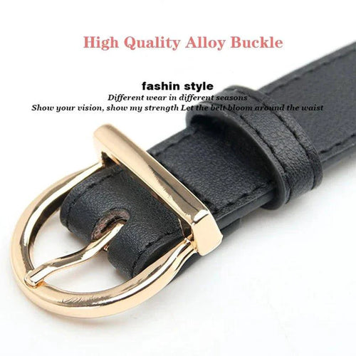 Mandotos women's thin fashion pin buckle belt in genuine soft PU leather, styled with cargo pants and jeans.