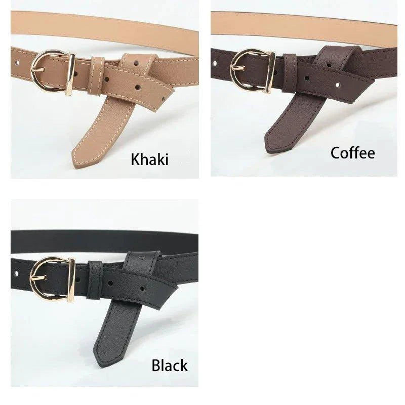 Mandotos women's thin fashion belt with pin buckle, genuine leather, soft texture, styled with cargo pants and jeans.
