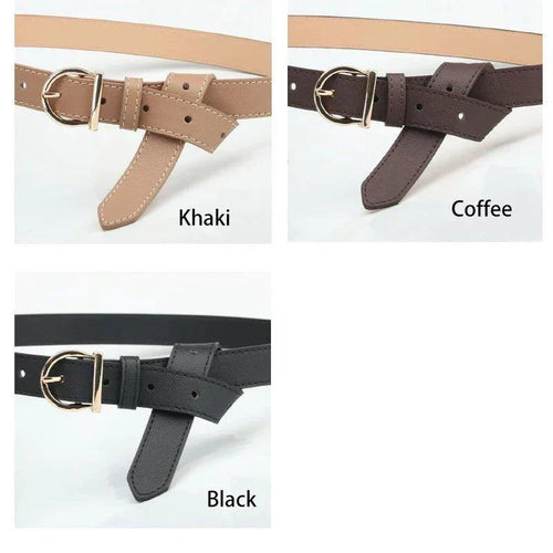 Mandotos women's thin fashion belt with pin buckle, genuine leather, soft texture, styled with cargo pants and jeans.