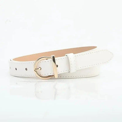 Mandotos women's fashion pin buckle thin belt in genuine PU leather, shown with cargo pants and jeans, windproof and luxury soft design.