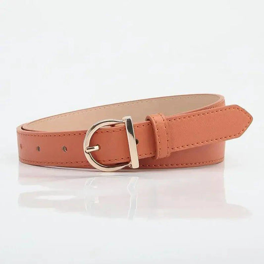 Mandotos women's fashion pin buckle thin belt in PU leather, shown with cargo pants and jeans, windproof and luxury soft design.