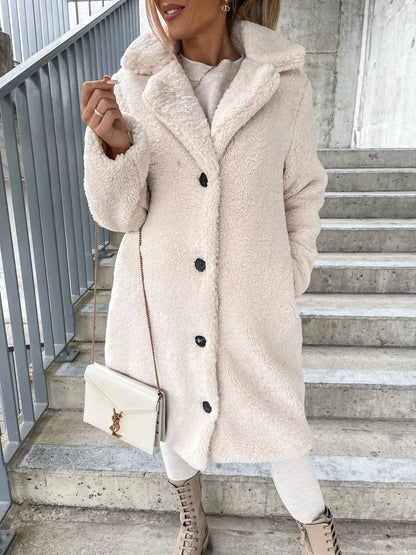 Women's Lamb Wool Coat by MANDOTOS, featuring a cozy, stylish outerwear design with a warm wool fabric and classic silhouette.