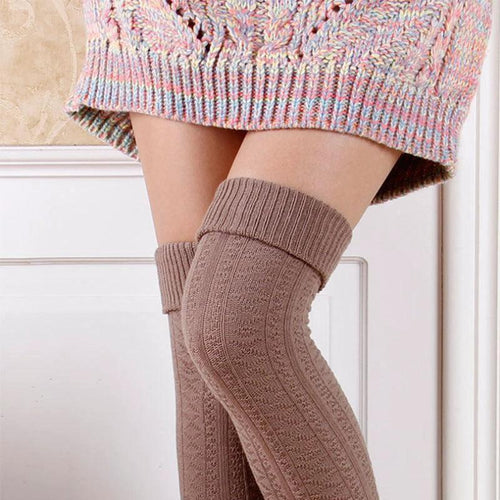 Women's solid color warm knee-high socks by MANDOTOS, showcasing soft knit fabric and comfortable fit.