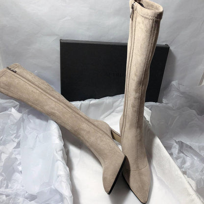 Mandotos women's high heel stretch below-the-knee boots featuring sleek design and pointed toes, perfect for stylish fall and winter outfits.