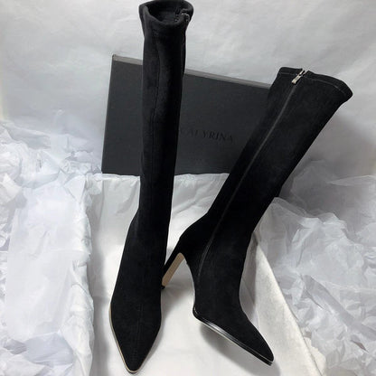 Women's high heel stretch below the knee boots by MANDOTOS, featuring sleek design and stylish silhouette.