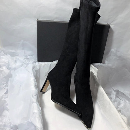 Women's high heel stretch below-the-knee boots by MANDOTOS, showing sleek design and fitted stretch fabric in black.