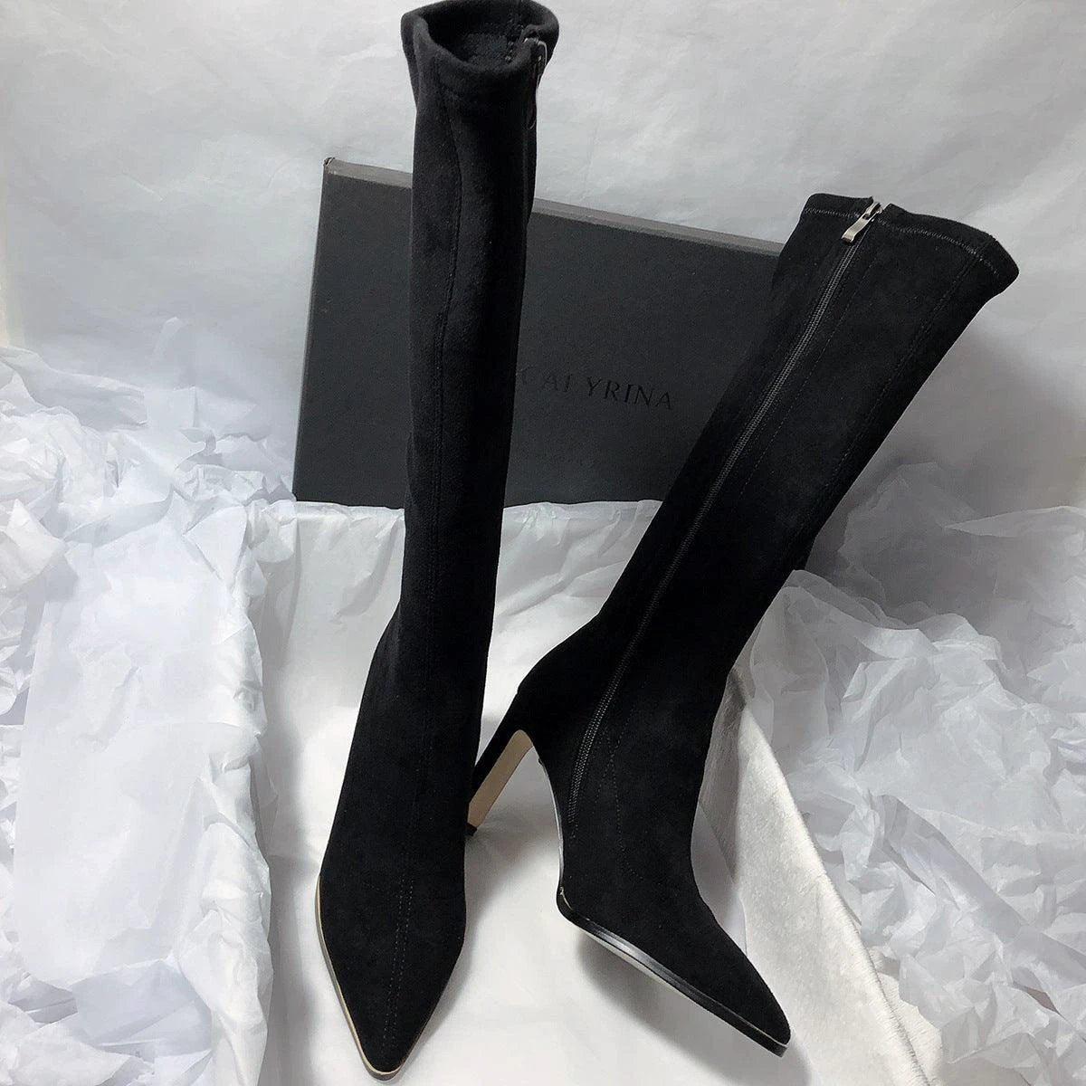 Women's high heel stretch below the knee boots by MANDOTOS, featuring sleek design and stylish silhouette.