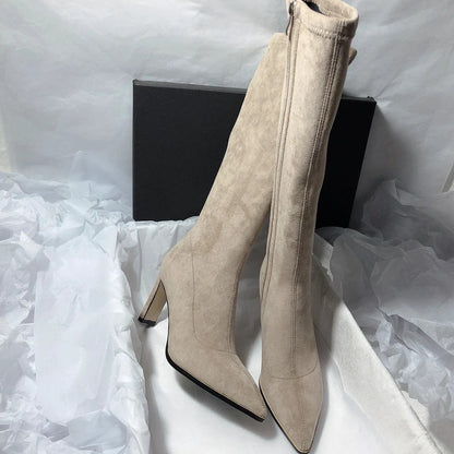 Women's high heel stretch below-the-knee boots by MANDOTOS, featuring sleek design and elegant ankle-high style.