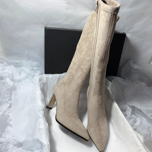 Women's high heel stretch below-the-knee boots by MANDOTOS, featuring sleek design and elegant ankle-high style.