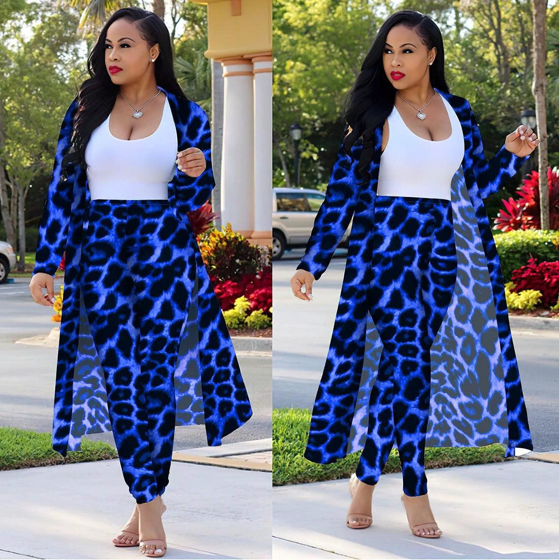 Women's long-sleeved leopard print suitcoat by MANDOTOS, stylish tailored blazer with bold animal print fabric.
