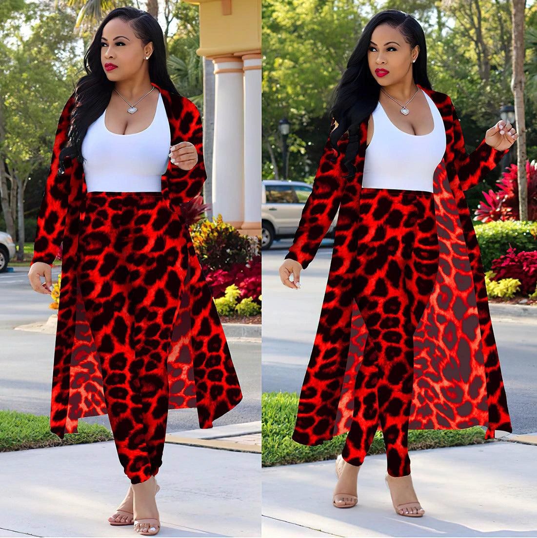 Women's long-sleeved leopard print suitcoat by MANDOTOS, stylish tailored blazer with bold animal pattern.