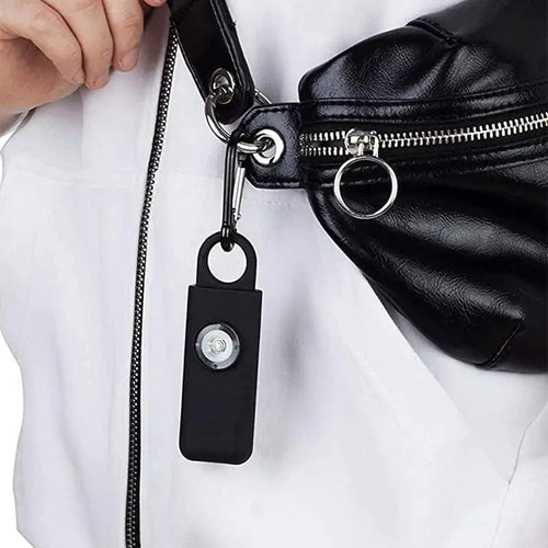 Mandotos women's self-defense safety alarm with keyring and button, compact personal safety device for emergencies.
