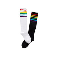 Women's striped knee-high cotton socks by MANDOTOS, featuring colorful horizontal stripes and a comfortable fit.
