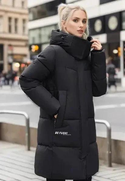 Women's thickened cotton padded winter coat by MANDOTOS, showing cozy quilted design and warm insulation for cold weather.