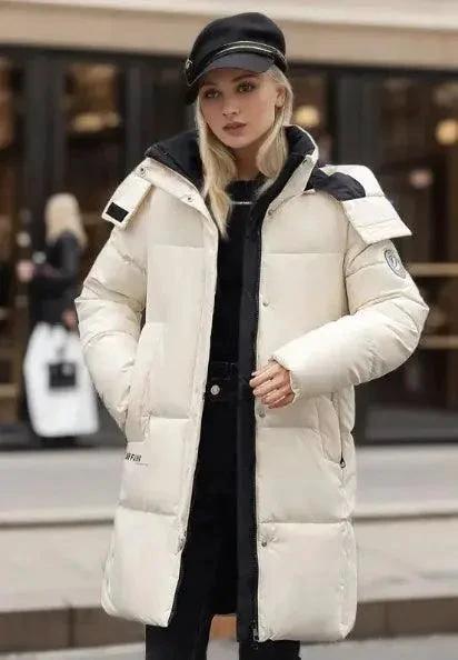 Women's thickened cotton padded winter coat by MANDOTOS, showcasing warm, insulated outerwear with a high collar and front pockets.