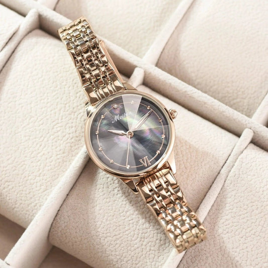Luxury MANDOTOS women's quartz watch with diamond accents, casual fashion style, stainless steel bracelet, Geneva design, wrist accessory.