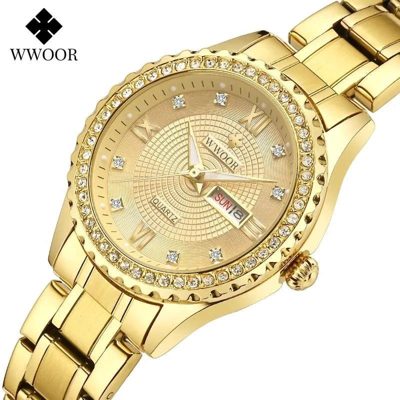 Mandotos WWOOR Elegance gold diamond quartz watch with a sleek design and sparkling accents on the dial.