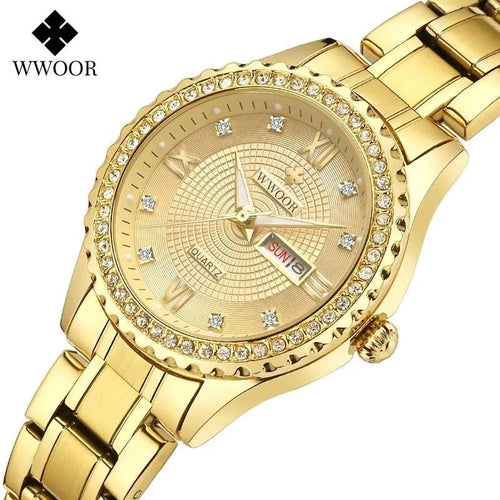 Mandotos WWOOR Elegance gold diamond quartz watch with a sleek design and sparkling accents on the dial.