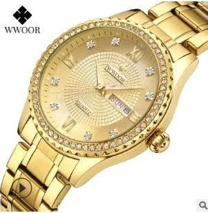 Mandotos WWOOR Elegance gold diamond quartz watch with a sleek design and sparkling accents on a white background.