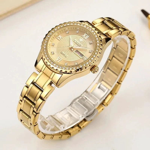 Mandotos WWOOR Elegance gold diamond quartz watch with a sleek design and sparkling dial, showcasing luxury and style.