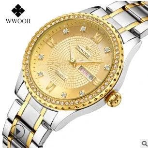 Mandotos WWOOR Elegance gold diamond quartz watch with a sleek design and sparkling accents on the dial.