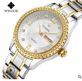 Mandotos WWOOR Elegance gold diamond quartz watch with a sleek design and sparkling diamond accents on the watch face.