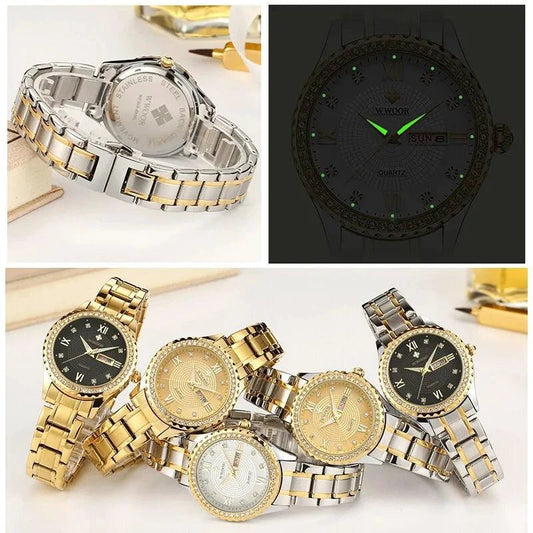 Mandotos WWOOR Elegance gold diamond quartz watch with a sleek design and sparkling accents on the watch face.
