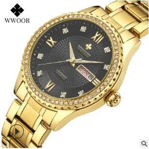 Mandotos WWOOR Elegance gold diamond quartz watch with a sleek design and sparkling accents on the dial.