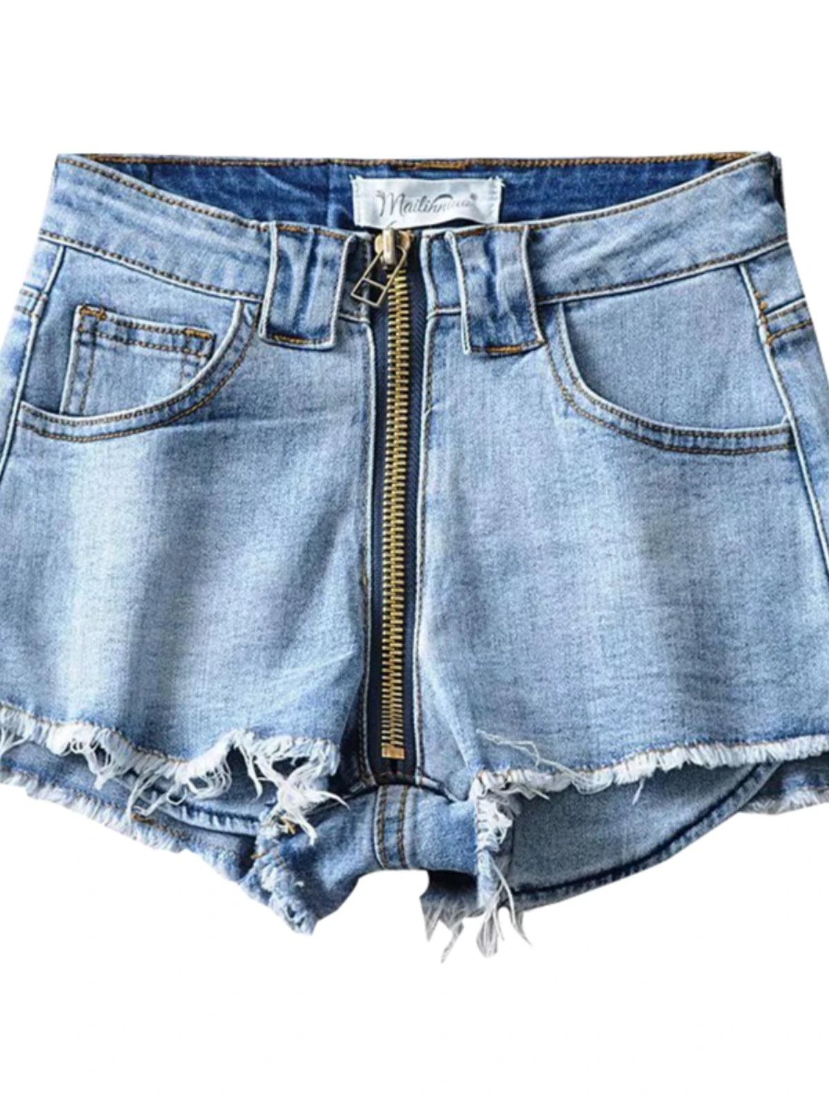 Mandotos Xuan Ya high-waisted denim shorts with hip zipper, casual summer style, featuring a fitted waistband and distressed details.