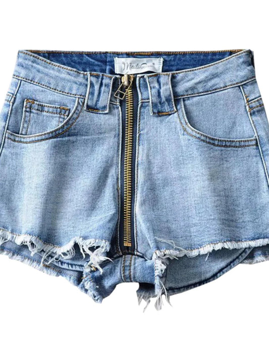 Mandotos Xuan Ya high-waisted denim shorts with hip zipper, casual summer style, featuring a fitted waistband and distressed details.