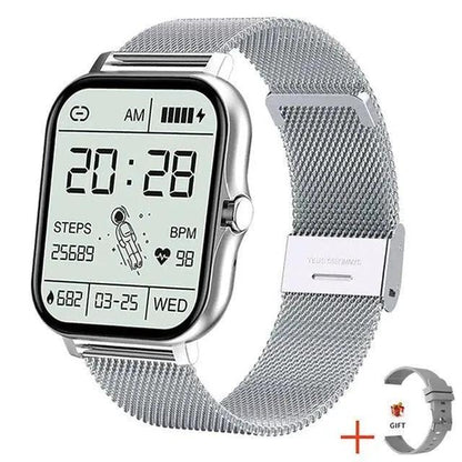Mandotos Y13 Smart Watch with pedometer, heart rate monitor, Bluetooth call feature, black strap, digital display.