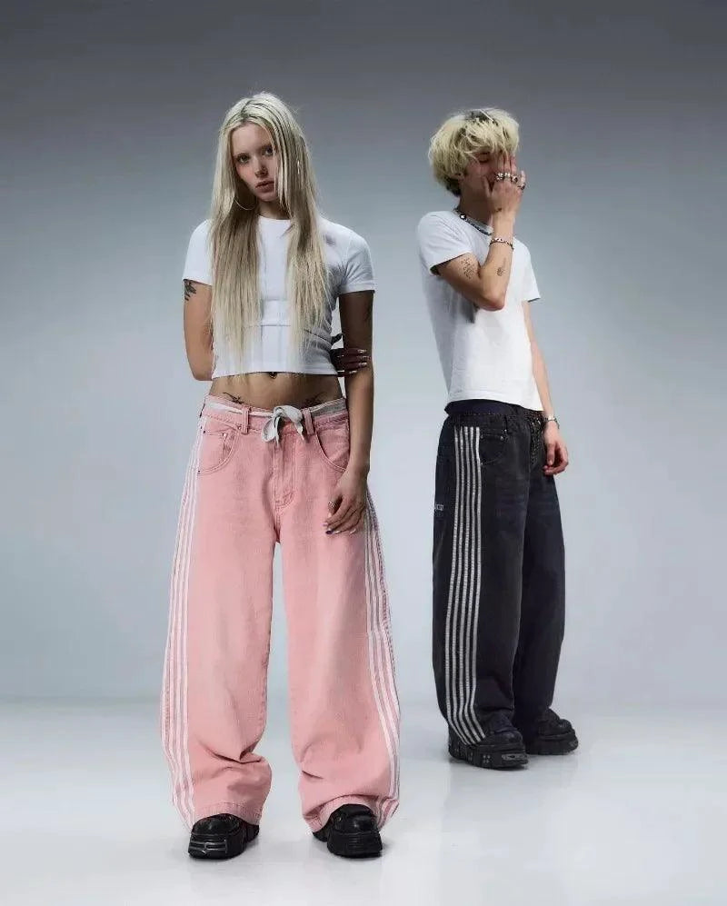 Mandotos Y2K baggy jeans with vintage striped embroidery, wide-leg streetwear sweatpants for men and women, casual hip-hop style